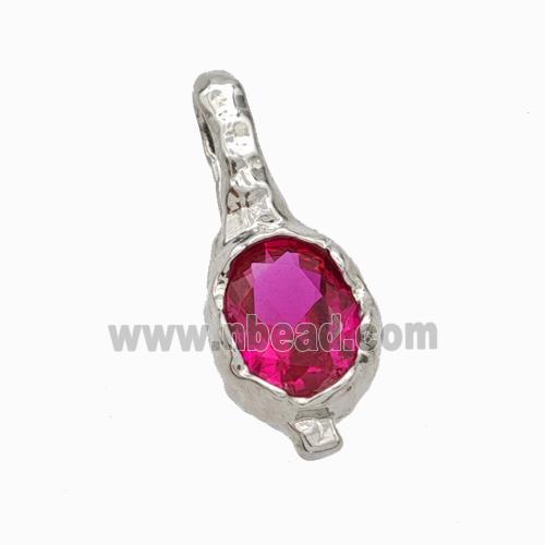 Copper Oval Pendant Pave Fuchsia Zirconia Platinum Plated