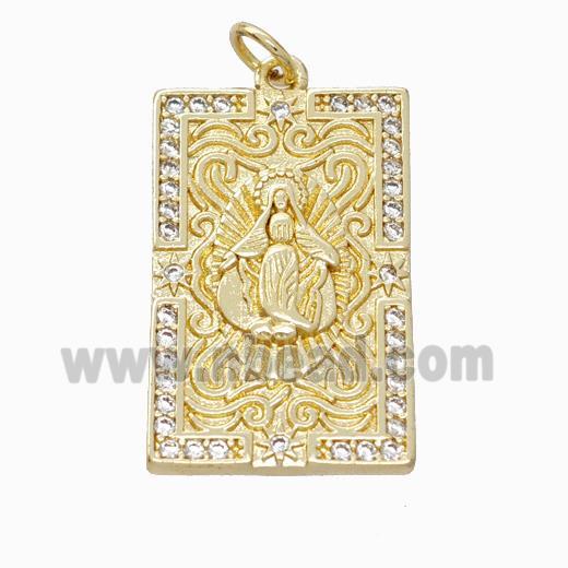 Virgin Mary Charms Copper Pendant Pave Zirconia Rectangle Gold Plated