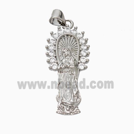 Virgin Mary Charms Copper Pendant Pave Zirconia Platinum Plated