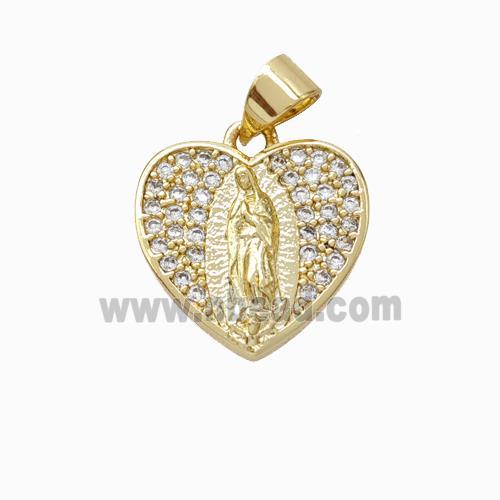 Virgin Mary Charms Copper Heart Pendant Pave Zirconia Gold Plated