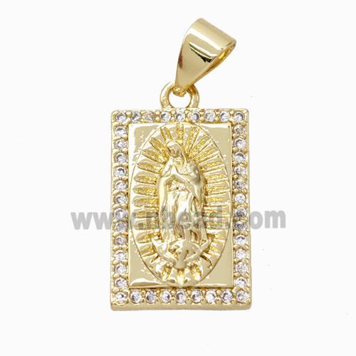 Virgin Mary Charms Copper Rectangle Pendant Pave Zirconia Gold Plated