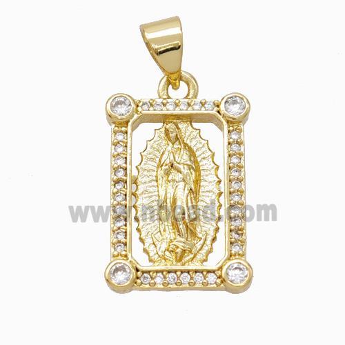 Virgin Mary Charms Copper Rectangle Pendant Pave Zirconia Gold Plated