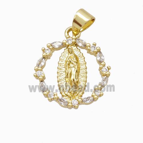 Virgin Mary Charms Copper Circle Pendant Micropave Zirconia Gold Plated