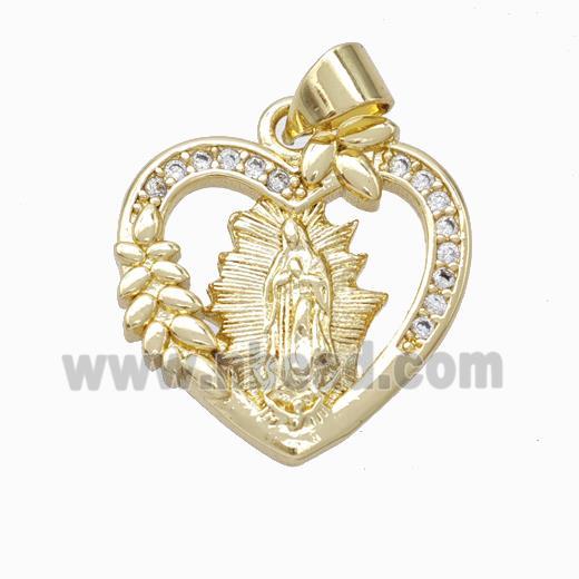 Virgin Mary Charms Copper Heart Pendant Micropave Zirconia Gold Plated