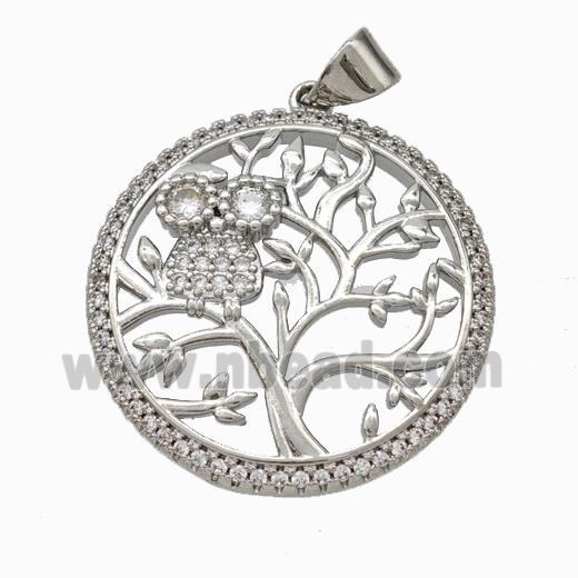 Copper Tree Pendant Micropave Zirconia Owl Platinum Plated