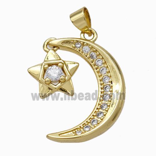 Copper Moon Pendant Pave Zirconia Star Gold Plated