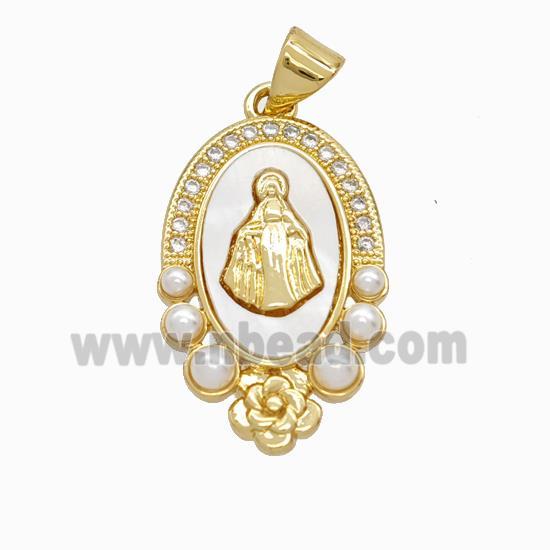 Virgin Mary Charms Copper Pendant Pave Zirconia Shell Resin 18K Gold Plated