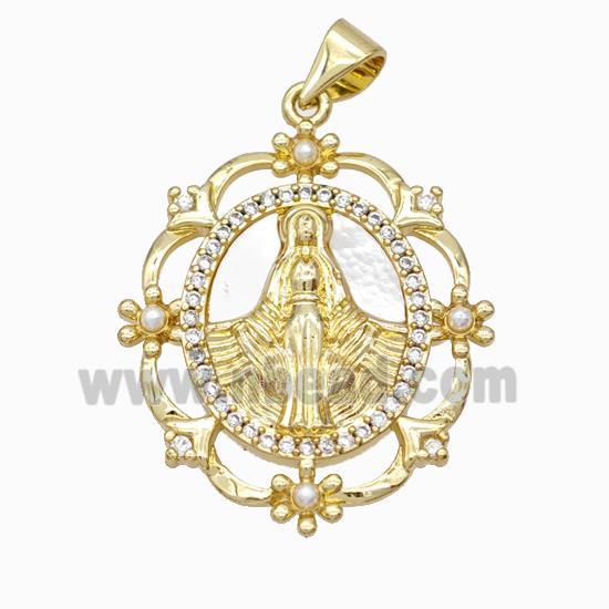 Virgin Mary Charms Copper Pendant Pave Zirconia Shell Resin 18K Gold Plated