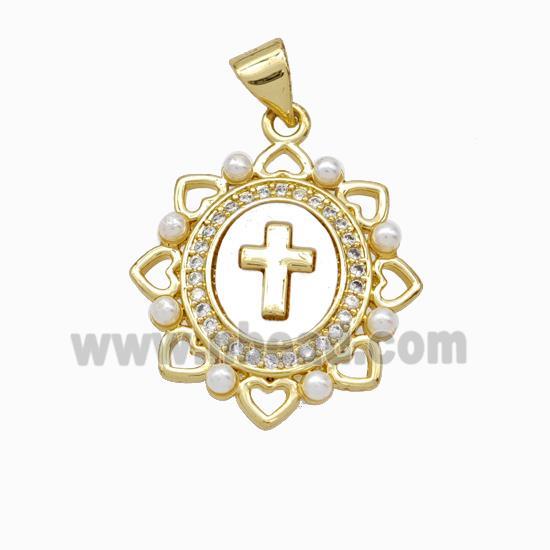 Copper Cross Pendant Pave Zirconia Shell Resin 18K Gold Plated