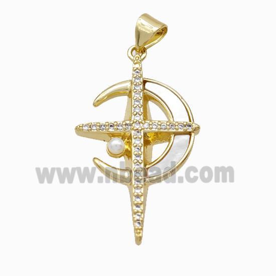 Copper Cross Pendant Pave Zirconia Shell Resin Moon 18K Gold Plated