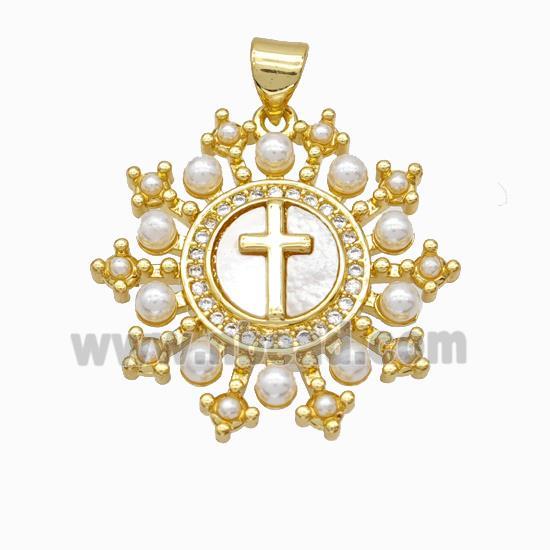 Copper Cross Pendant Pave Zirconia Shell Resin 18K Gold Plated