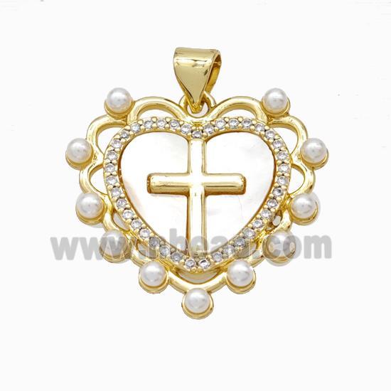 Copper Cross Pendant Pave Zirconia Shell Resin Heart 18K Gold Plated