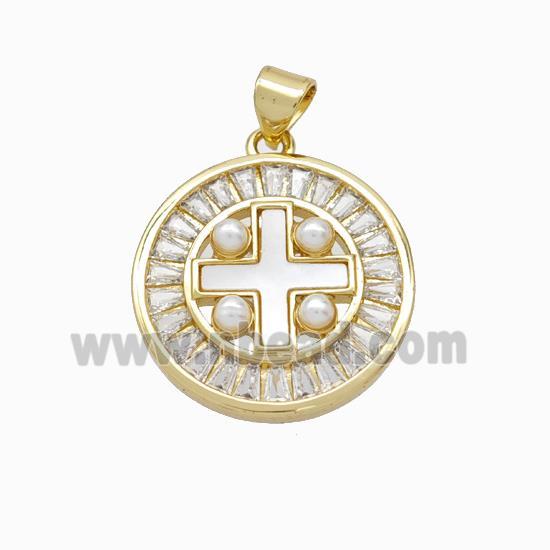 Copper Cross Pendant Pave Zirconia Shell Resin 18K Gold Plated