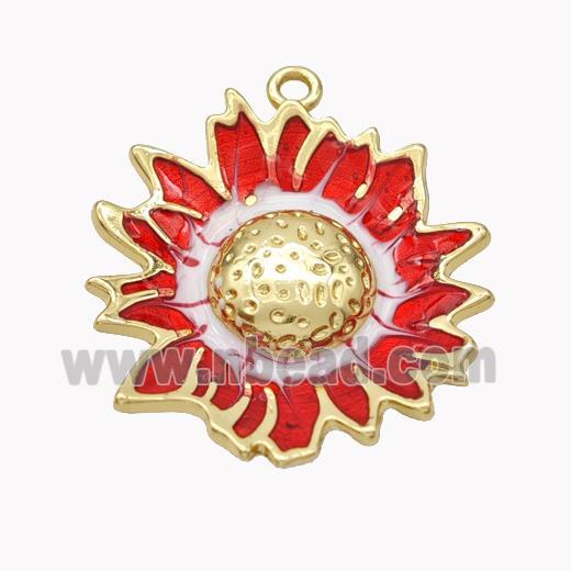 Copper Sunflower Pendant Red Enamel Gold Plated