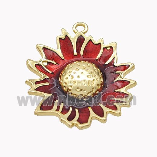 Copper Sunflower Pendant Red Enamel Gold Plated