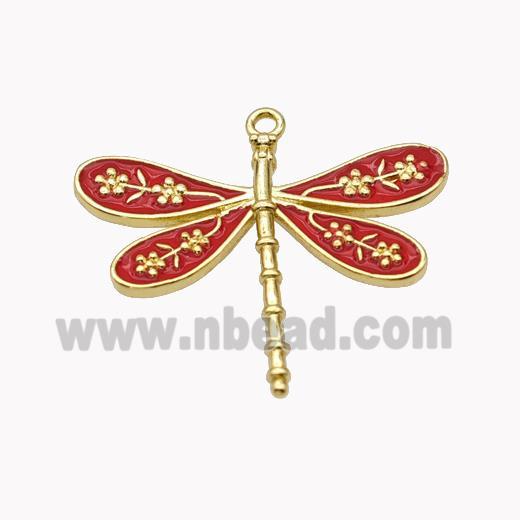 Copper Dragonfly Pendant Red Enamel Gold Plated