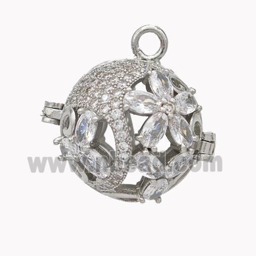 Copper Ball Flower Locket Pendant Pave Zirconia Platinum Plated