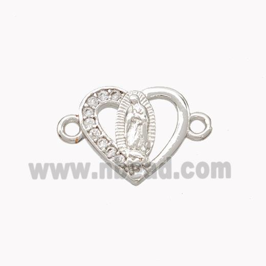 Virgin Mary Charms Copper Heart Connector Pave Zirconia Platinum Plated