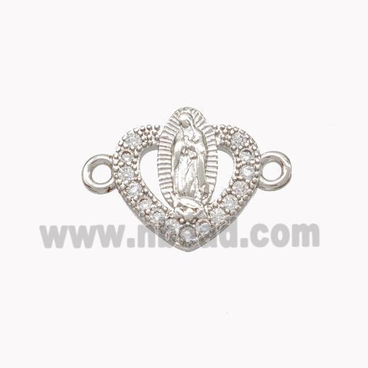 Virgin Mary Charms Copper Heart Connector Pave Zirconia Platinum Plated