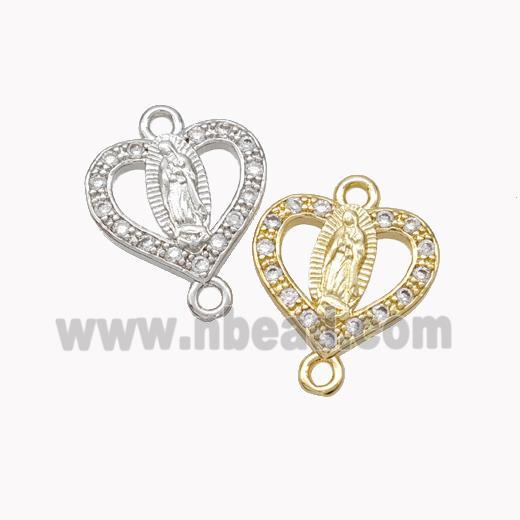 Virgin Mary Charms Copper Heart Connector Pave Zirconia Mixed