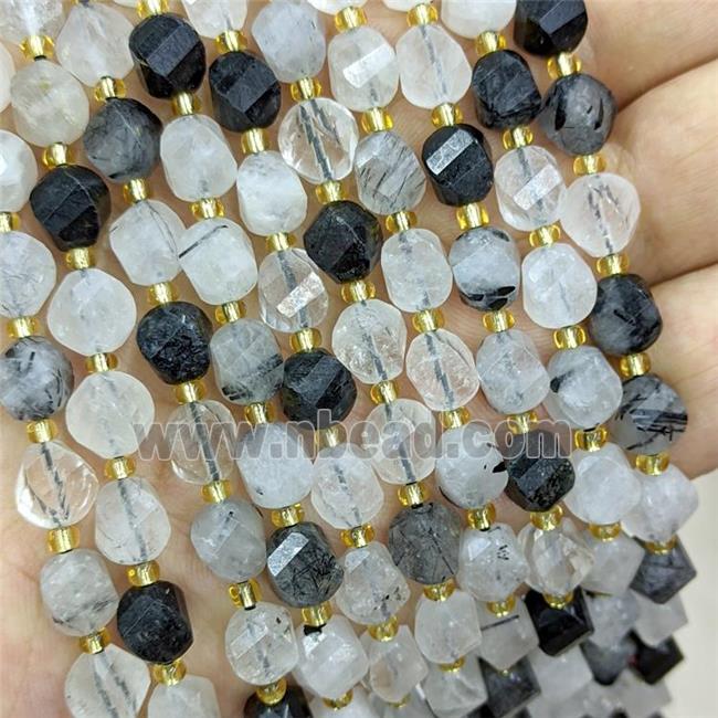 Natural Black Rutilated Quartz Twist Beads S-Shape Faceted