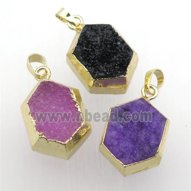 Druzy Quartz hexagon pendant, gold plated, mixed color