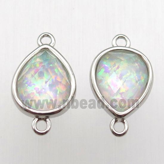 Fire Opal teardrop connector, synthetic, platinum plated