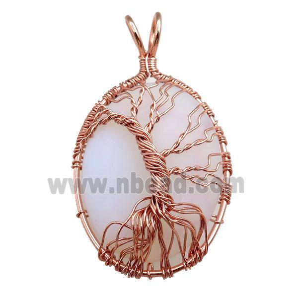 white opalite oval pendant with tree of life, wire wrapped