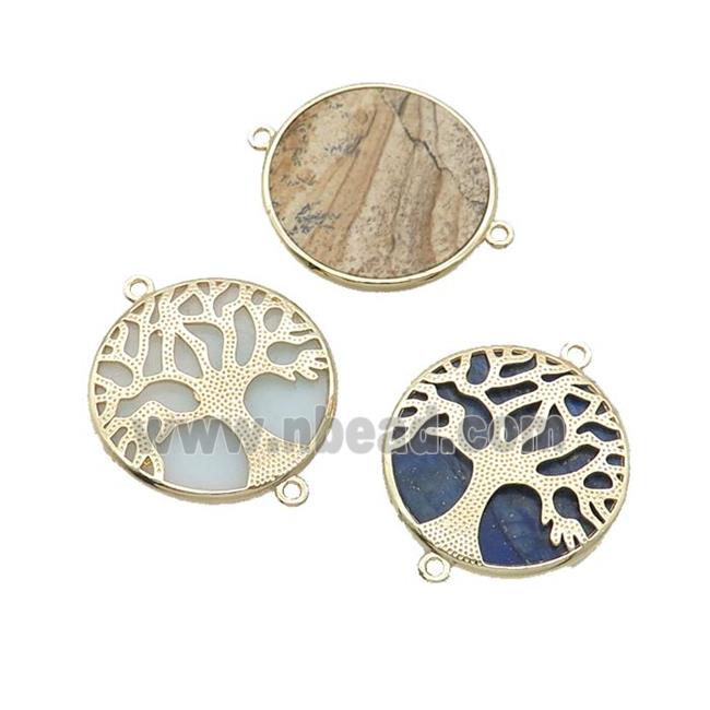 Mixed Gemstone Copper Connector Tree Of Life Circle Gold Plated