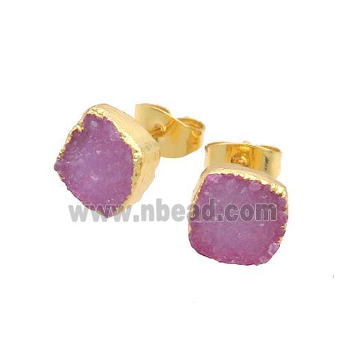 Pink Agate Druzy Stud Earring Square Dye Gold Plated