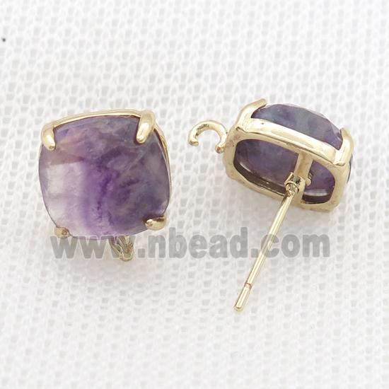 Copper Stud Earring Pave Purple Fluorite Square Gold Plated