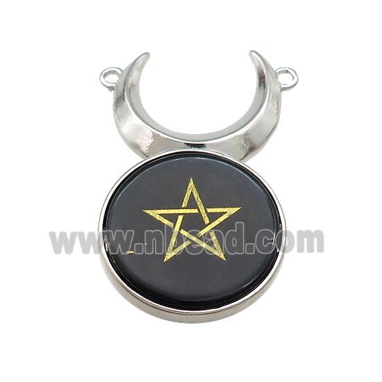 Black Obsidian Coin Star Symbols Alloy Moon Pendant Platinum Plated