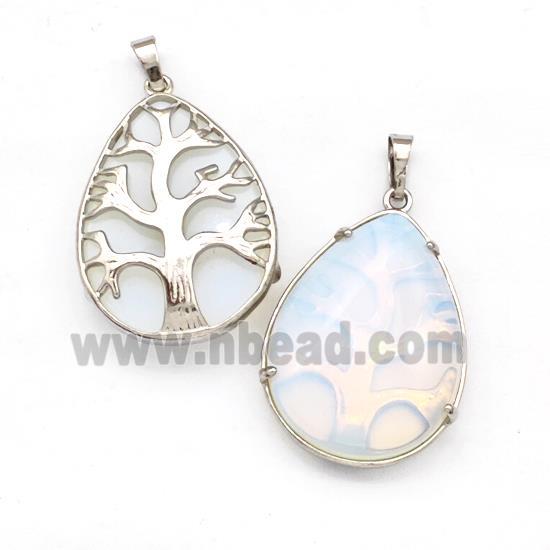 White Opalite Teardrop Pendant Tree Platinum Plated