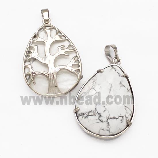 Natural White Howlite Turquoise Teardrop Pendant Tree Platinum Plated