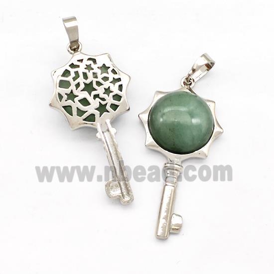 Alloy Key Charms Pendant Pave Green Aventurine Platinum Plated