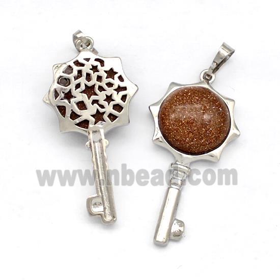 Alloy Key Charms Pendant Pave Golden Sandstone Platinum Plated