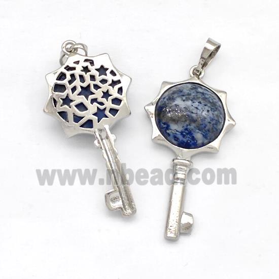 Alloy Key Charms Pendant Pave Blue Lapis Platinum Plated