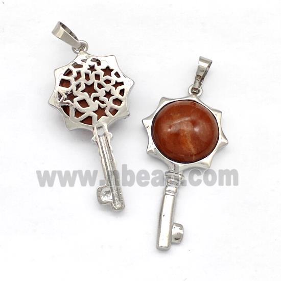 Alloy Key Charms Pendant Pave Red Agate Platinum Plated