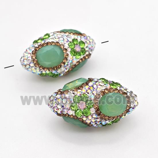 Clay Rice Beads Pave White Rhinestone Green Jadeite Glass