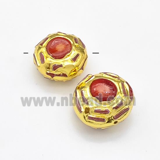 Red Coral Coin Beads Gold Plated