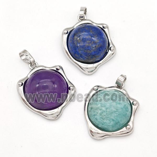 Natural Gemstone Pendant Half Round Platinum Plated Mixed