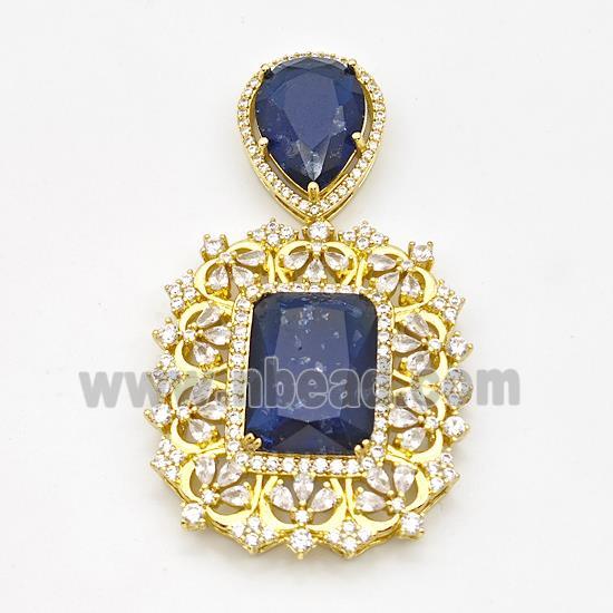 Copper Pendant Pave Zirconia Blue Acrylic Gold Plated