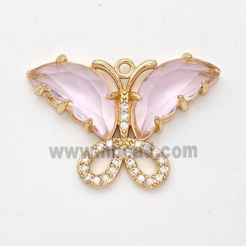 Pink Crystal Glass Copper Butterfly Pendant Pave Zirconia Gold Plated