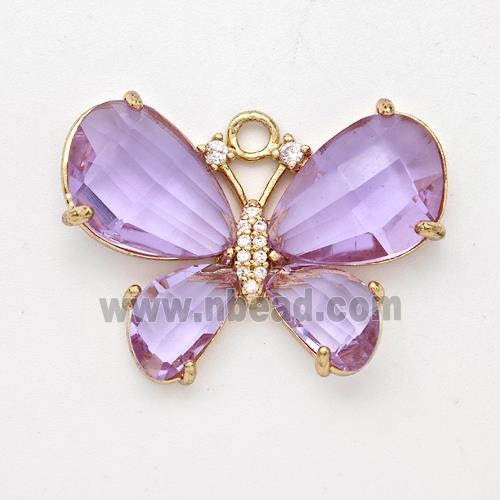 Purple Crystal Glass Copper Butterfly Pendant Pave Zirconia Gold Plated