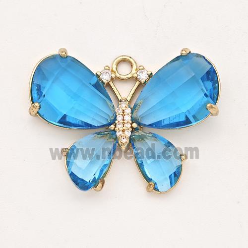 Aqua Crystal Glass Copper Butterfly Pendant Pave Zirconia Gold Plated