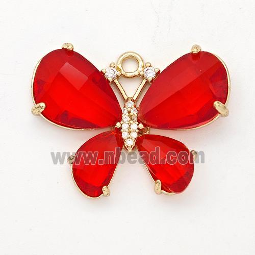 Red Crystal Glass Copper Butterfly Pendant Pave Zirconia Gold Plated