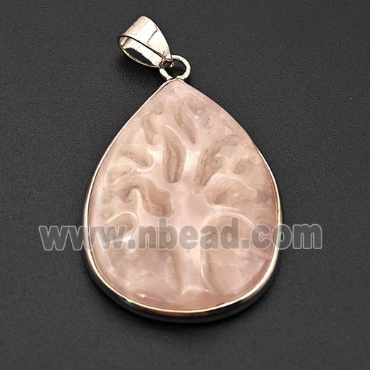 Natural Pink Rose Quartz Tree Pendant Carved