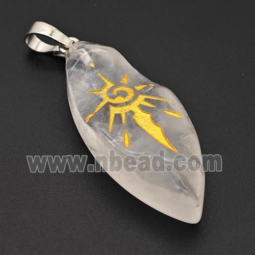 Natural Clear Quartz Leaf Pendant Sun Golden Painted