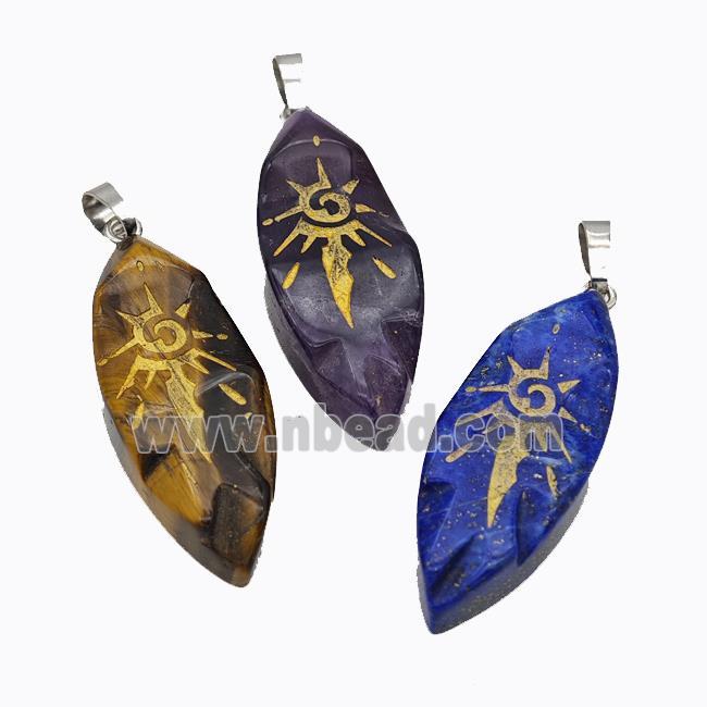 Natural Gemstone Leaf Pendant Sun Golden Painted