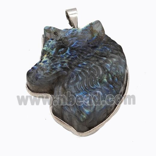 Natural Labradorite Wolf Pendant Carved